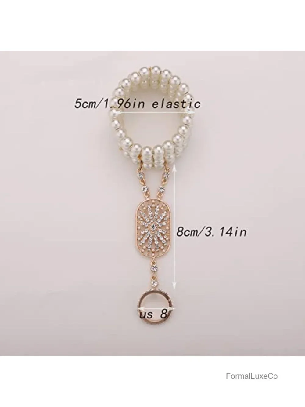 Vintage Gold Flapper Bracelet Faux Pearl Rhinestone Stretch Link Ring Charm